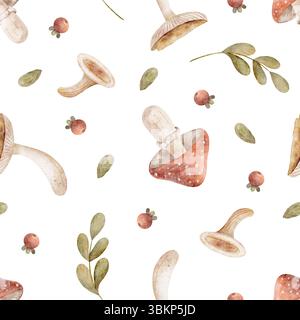 Aquarellmuster Pilze Beeren grüne Zweige Blätter. Die Illustration der Herbsternte ist handgezeichnet. Nahtloser Druck auf isoliertem Hintergrund Stockfoto