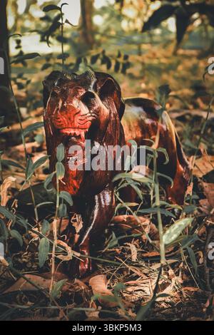 Hölzerner Löwe brüllt in einem simulierten Wald mit realistischem Sonnenlicht und Schatten. Künstlerische Darstellung der Tierwelt mit weichem natürlichen Hintergrund. Stockfoto