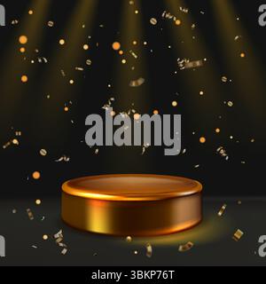 Goldener Sockel, Konfetti auf dunklem, beleuchtetem Hintergrund. Vektor 3D realistisches Podium Illustration. Designelemente zum Vorführen, Feiern, Auszeichnungen Stock Vektor