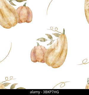 Herbsterntemuster von Kürbisgelb, Orangenblättern, Locken. Aquarellillustration Gemüse handgezeichnet. Nahtloser Druck auf isoliertem Hintergrund Stockfoto