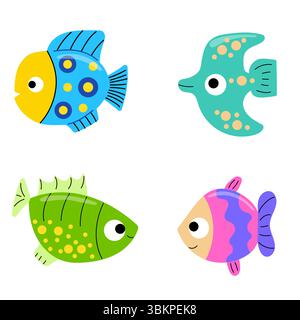 Eine Reihe von hellen tropischen Fischen. Zeichentrickfilm Meerestiere. Exotisches Fischset. Stock Vektor