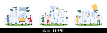 Erfolg und Misserfolg des wissenschaftlichen Experiments, Ergebnisanalyse Set. Winzige Leute studieren chemische Flüssigkeit in Flasche mit Lupe, verbinden gebrochene und helle Birne mit Rohr Cartoon Vektor Illustration Stock Vektor