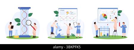 Genetische Code-Entwicklung, chemische Forschung im Labor, wissenschaftliche Analyse-Set. Winzige Menschen studieren Zellen, Molekülstruktur und DNA-Modell mit wissenschaftlicher Ausrüstung Cartoon Vektor Illustration Stock Vektor