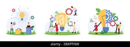Effektive Lösung, intelligente Ideenentwicklung und Innovation. Winzige Leute überprüfen die Gänge in der Glühlampe, passen Operationen und Lampenverbindung an digitale Schaltung Cartoon Vektor Illustration an Stock Vektor