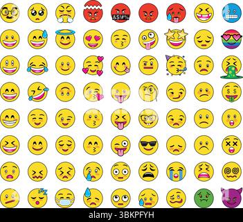 Set aus 72 runden, flachen gelben Emojis mit verschiedenen Gesichtsausdrücken: Glücklich, frech, weinend, verliebt, krank, feiern, überrascht, böse Stock Vektor