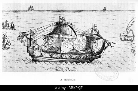 Das Schiff „Black Pinnace“ bringt die Leiche von Sir Philip Sidney 1585 von Vlissingen nach London. Bild aus Richard Hakluyts Büchern on the Principal Voyages Traffiques and Discoveries of the English Nation, 1604 Stockfoto