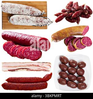 Collage aus verschiedenen Fleischprodukten isoliert auf Weiß Stockfoto