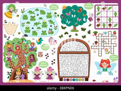 Vector Fairyland Tischset. Bedruckbare Aktivitätsmatte mit Labyrinth, Kreuzworträtsel, Schattenspiel, Unterschied finden. Niedliche Spielmatte, Stock Vektor