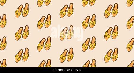 Nahtloses Muster mit bequemen gelben flachen Sandalen mit kreuzförmigen Stoffriemen. Sommer Schuhe Cartoon Vektor Hintergrund Stock Vektor