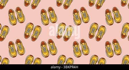 Nahtloses Herbstmuster mit gelben Sneakern auf rosa Hintergrund. Sport- und Freizeitschuhe. Cartoon-Vektor-Stil Stock Vektor
