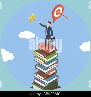 3D Isometrische flache Darstellung von Motivation oder Ambition, Wissen, Lernprozess Stockfoto