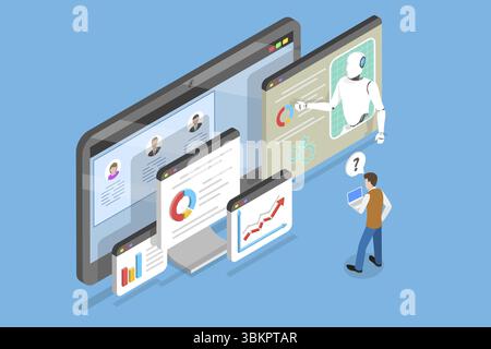 3D-Isometrische flache Darstellung von KI-gesteuertem Shopping, Analyse der Benutzeraktivität Stockfoto