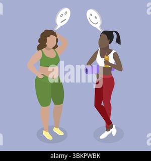 Isometrische flache 3D-Illustration des weiblichen Fitness-Trainers, vor und nach dem Abnehmen Stockfoto
