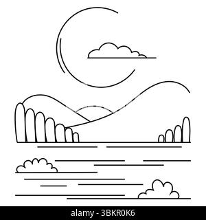 Gebirgslandschaft. Naturszene zeichnen. Abbildung der Konturspitzen. Malerische Hügel Vector. Stock Vektor