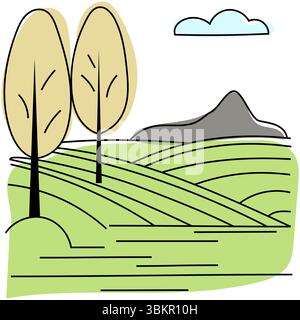 Ländliche Landschaft Hügel. Illustration der Bäume auf dem Land. Naturlandschaft Vektor. Ansicht „grünes Feld“. Stock Vektor
