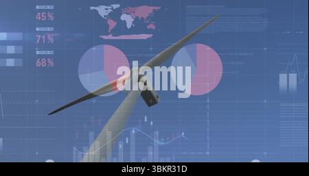 Zeigt Maschinenhaus, Rotornabe und Rotorblatt in Windparks mit digitalen Datenüberlagerungen Stockfoto