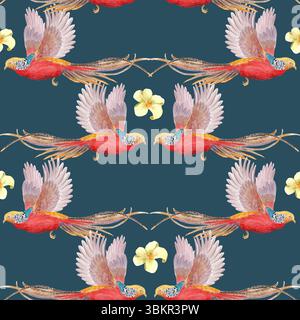 Fliegende rote Fasane und blassgelbe Blumen auf dunklem Hintergrund nahtloses Muster. Handgemalt in Aquarell. Ideal für Stoffe, Tapeten und Luxus Stockfoto