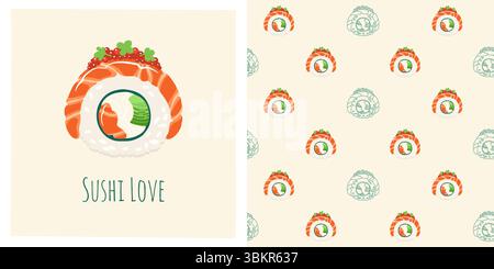 Sushi Roll Philadelphia Cartoon nahtloses Muster. Traditionelles asiatisches japanisches Essen grenzenloser Hintergrund. Sushi Meeresfrüchte endloses Vektor-Design für Papier Druck Stoff Textil Wrapper Hintergrund Vorlage Stock Vektor
