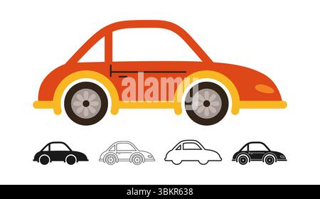 Einfaches Retro-Auto-Symbol-Zeichentrickset. Handgezeichnetes, niedliches Auto in verschiedenen Stilen, farbige Silhouette, umrissene Kinderkollektion. Einfache Kinder lustige Auto Transport Icon Vektor Illustration Stock Vektor
