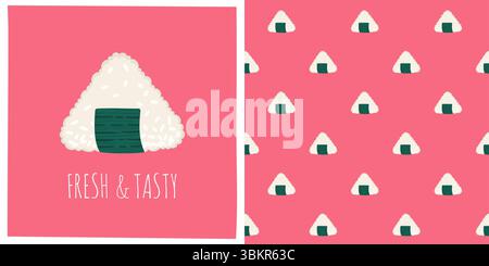 Sushi-Onigiri-Klassiker mit nahtlosem Cartoon-Muster für Reis-Nori-Algen. Traditionelles asiatisches japanisches Essen grenzenloser Hintergrund. Sushi Meeresfrüchte endlose Vektor Design Druck Stoff Textil Wrapper Vorlage Stock Vektor