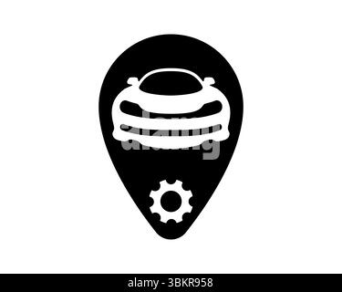 Schlankes, minimalistisches Symbol mit einem Auto in einer Kartennadel, kombiniert mit einem Zahnrad. Symbolisiert Kfz-Dienstleistungen, Reparaturort oder Fahrzeugtechnik Stock Vektor