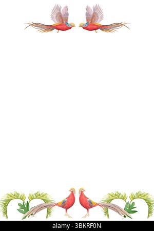 Aquarellrahmen mit goldenem Fasan, tropischen Blättern. Elegante Borte für Hochzeitseinladungen, Menüs, Grußkarten, Zertifikate oder Sommerveranstaltungen. Rot Stockfoto