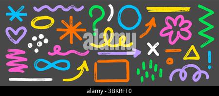 Pinselfarbe mit abstrakter Form. Handgezeichneter Buntstift-Markierungsstrich abstrakte Form Pfeil, Blob, Linienstruktur. Markierpfeil, geometrische Sternsymbole im Hintergrund mit farbigem Grunge. Vektorabbildung Stock Vektor