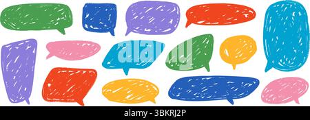 Farbige handgezeichnete Sprechblasen-Sammlung. Dialogfeldsatz mit Scribble-Textur. Mit Buntstiften gekritzelte Comic-Talkframes. Textfeld-Paket mit rotem, gelbem und grünem Ballon. Hell skizzierte Chatboxen. Vektor Stock Vektor