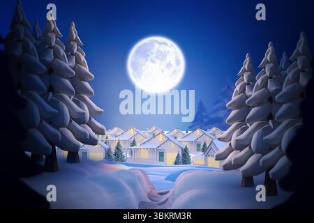 Die flache Reihe von Häusern leuchtet bei Vollmond im verschneiten Wald mit Lichterketten Stockfoto