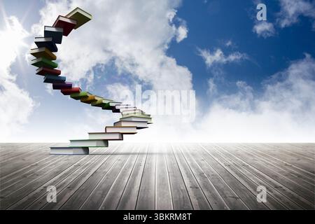 3D-Rendering zeigt farbenfrohe Hardcover-Bücher, die sich über den Deckbrettern unter blauem Himmel nach oben bewegen Stockfoto