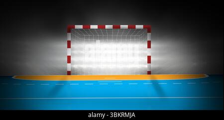 Handballtor mit Netz wird auf einem flachen blauen Spielfeld mit bemalter Halbkreiszone gezeigt Stockfoto