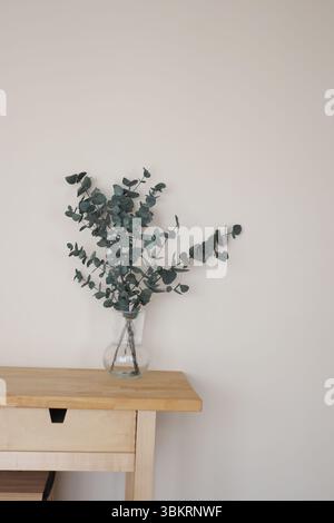 Eukalyptuszweige in einer Vase auf einem Holztisch Stockfoto