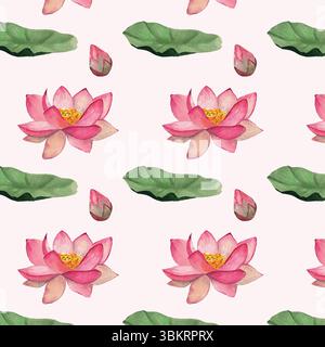 Nahtloses Muster mit Lotusblüten. Blätter, Knospen, blühende Lotus-Aquarellelemente. Eleganter botanischer Hintergrund für die Dekora des mittleren Herbstfestes Stock Vektor