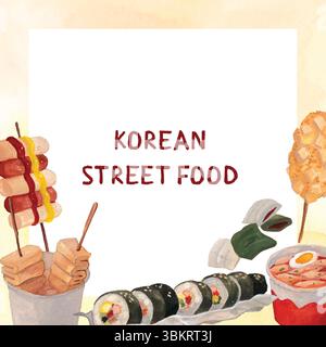 Koreanischer Street Food Hintergrund mit sanftem Farbverlauf. Reiskuchen, Maiswurst, Kimbap, Fischkuchen, Spieße Aquarellillustration. Asiatische Küche. Stock Vektor