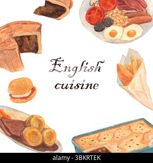Englische Küche Aquarellhintergrund: Shepherd Pie, Steak and Kidney Pie, Sonntagsbraten, Fish and Chips, englisches Frühstück. Niedlich realistisch farbenfroh. Stock Vektor