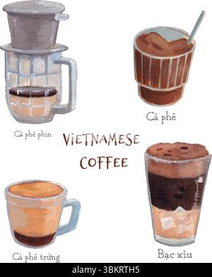 Vietnamesisches Kaffee Aquarell: Phin, Ei, weiß, Milch Set. Niedliche Kaffeetassen Malerei isoliert auf weiß, Vektorformat. Berühmtes Getränk, Elemente. Stock Vektor