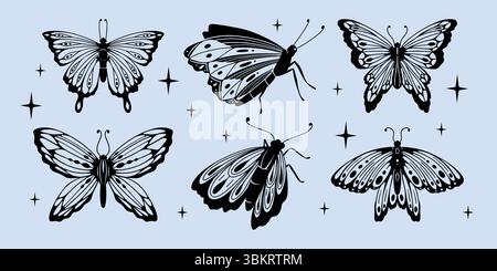 Schwarze Silhouetten-Kollektion mit verzierten Flügeln, Punkten und Wirbeln im y2k-Retro-Stil. Dekorative Insekten mit kleinen Akzenten auf dem Hintergrund für Tätowierungen, Aufkleber oder digitale Kunst. Stock Vektor