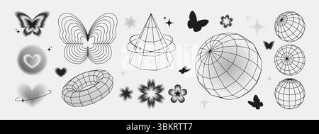 Verlaufende Schmetterlingsformen mit Drahtmodellgeometrie – schwarze Silhouetten von verschwommenen Formen, lineare Gitterstrukturen von Kegeln, Torusringen und Kugeln, weiche Herzen und Blumen, Sterne für abstraktes Design. Stock Vektor