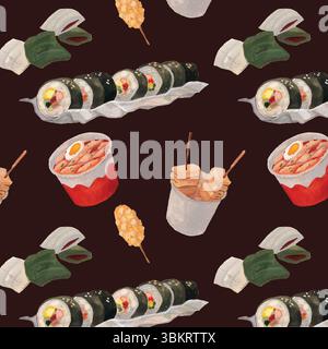 Koreanisches Streetfood-Aquarellmuster. Tteokbokki (scharfe Reiskuchen), koreanischer Maishund, Kimbap (Algen-Reisrollen), odeng (Fischkuchen) Gemälde Stock Vektor