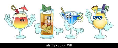 Groovige Cocktailfiguren mit Cartoon-Gesichtern und -Armen - tropisches Getränk bei Sonnenaufgang mit Friedenszeichen, Mojito-Glas, blauer Martini, gelbe Pina Colada mit Zeigefinger-Geste. Retro-Getränkemaskottchen. Stock Vektor