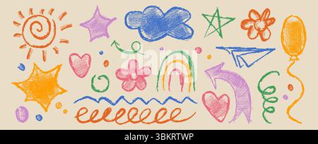 Kindliche Buntstift-Doodle-Kollektion mit bunten handgezeichneten Elementen im verspielten Scribble-Stil. Skurrile Designs für die Einrichtung im Kinderzimmer. Lustige, skizzenhafte Illustrationen mit lebendiger Kreidestruktur. Stock Vektor