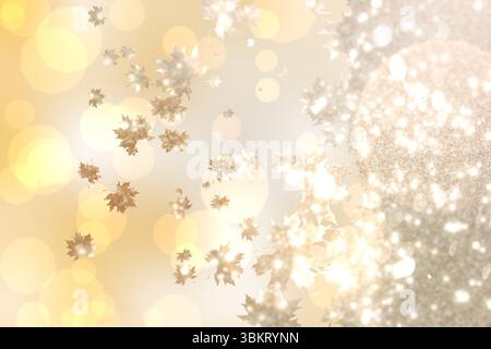 Metallische goldene Ahornblattformen, die durch Bokeh-Kugeln und glitzernde Textur in Vektorkunst gleiten Stockfoto