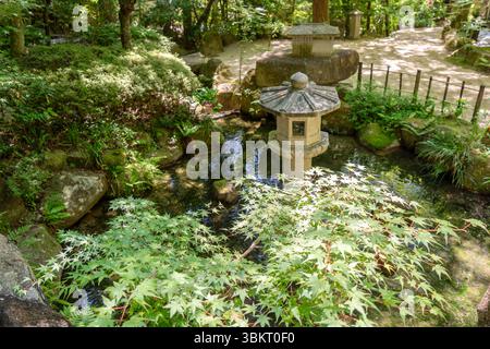 Eine traditionelle toro-Laterne steht neben einem ruhigen Brunnen, umgeben von üppigem Grün am Mitaki-Dera Tempel in Hiroshima, Japan Stockfoto