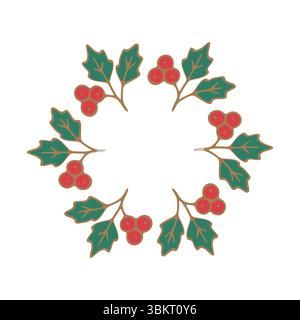 Minimaler Weihnachtskranz mit stechpalmenblättern und Beeren, festliche Weihnachtsdekoration, einfache flache Vektorillustration, weißer Hintergrund, grün und rot Stock Vektor