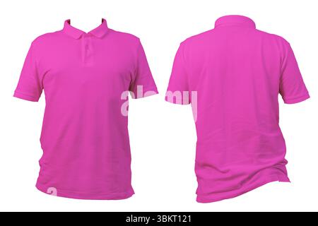 Hellrosafarbenes Poloshirt mit Vorder- und Rückseite auf weißem Hintergrund. Klassisches Kurzarm-Design mit Kragen und Knöpfen. Mode-, Bekleidungs-, p Stockfoto