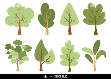 Flache Baumstruktur. Zeichentrickserie Green Trees Kollektion, Woods Doodle Symbole Set. Frühlings- und Sommerbäume. Künstlerische Waldbaumsymbole für Präsentationen Stock Vektor
