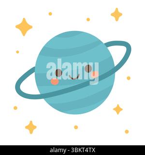 Kawaii Saturn mit leuchtenden Ringen und rosa Wangen schwimmt im Raum, ideal für Astronomie-Lernbilder, Himmelskinder-Poster oder Weltraumthemen Stock Vektor