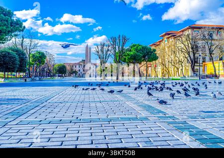 Die Tauben auf dem Sultanahmet-Platz (hippodrom) und zwei Obelisken, Istanbul, Türkei. Stockfoto