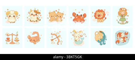 Komplettes Set mit zwölf Sternzeichen im Pastellstil mit hellblauem Hintergrund und bezaubernden Charakteren. Stock Vektor