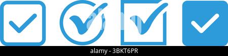 Blaues Häkchen für verifiziertes Symbol, Häkchen für genehmigtes Profil für soziale Medien, Stern, Kontrollkästchen OK. Symbol für Social-Media-Konten Stock Vektor